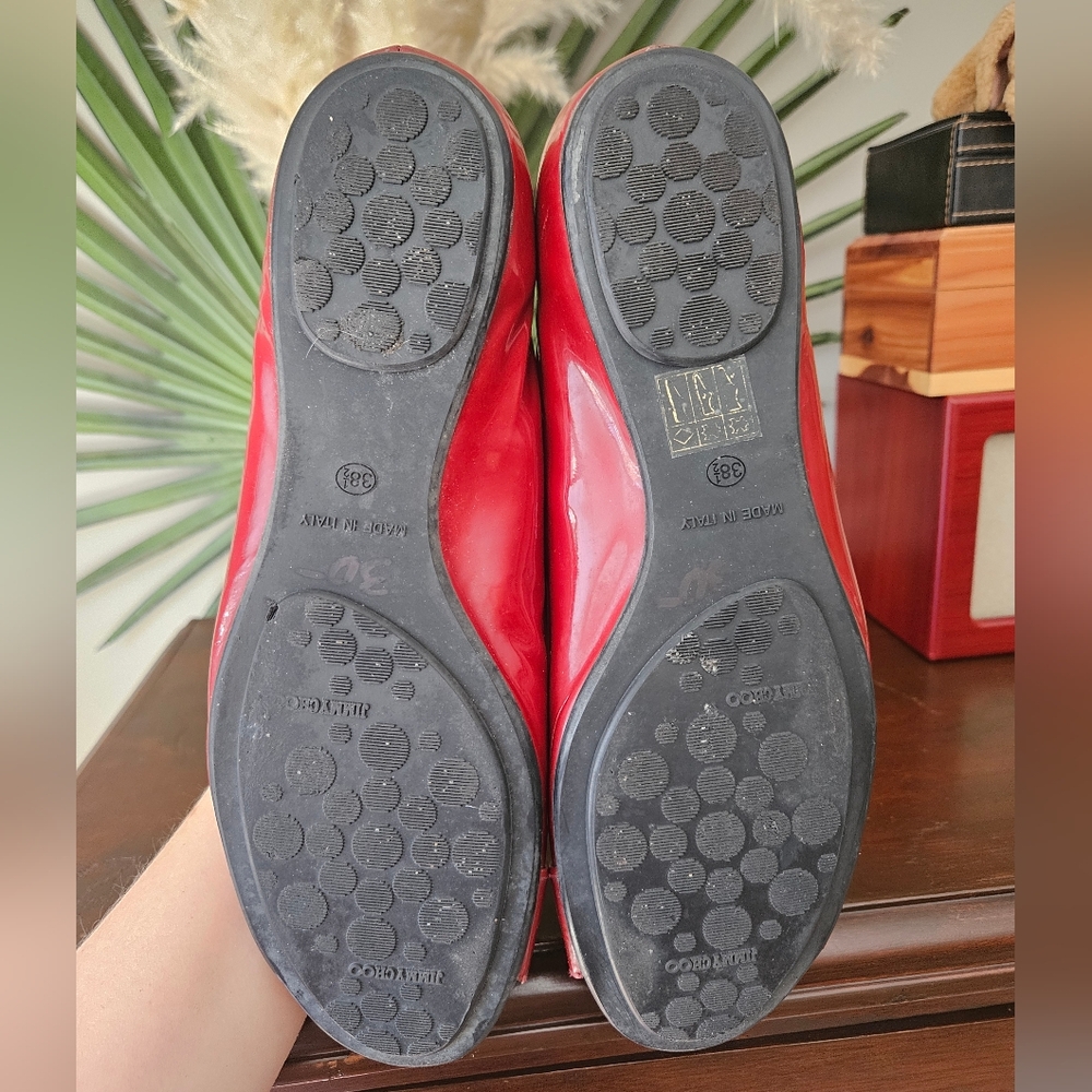 Jimmy Choo Glossy Patent Leather Red Flats with Gold Accents - Size 38.5 - Picture 7 of 15